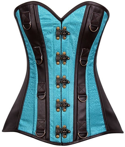 Dark Brown, Blue & Feux Leather Steel Boned Overbust Corset - Corset Envy