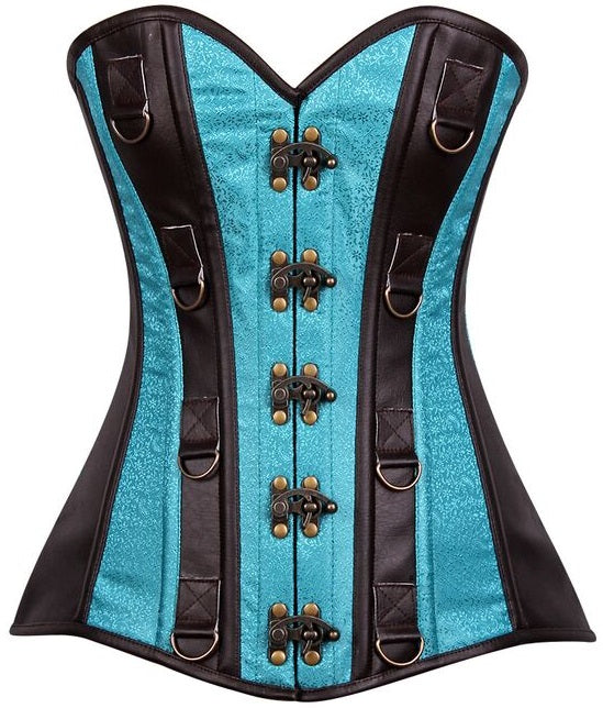 Dark Brown, Blue & Feux Leather Steel Boned Overbust Corset - Corset Envy